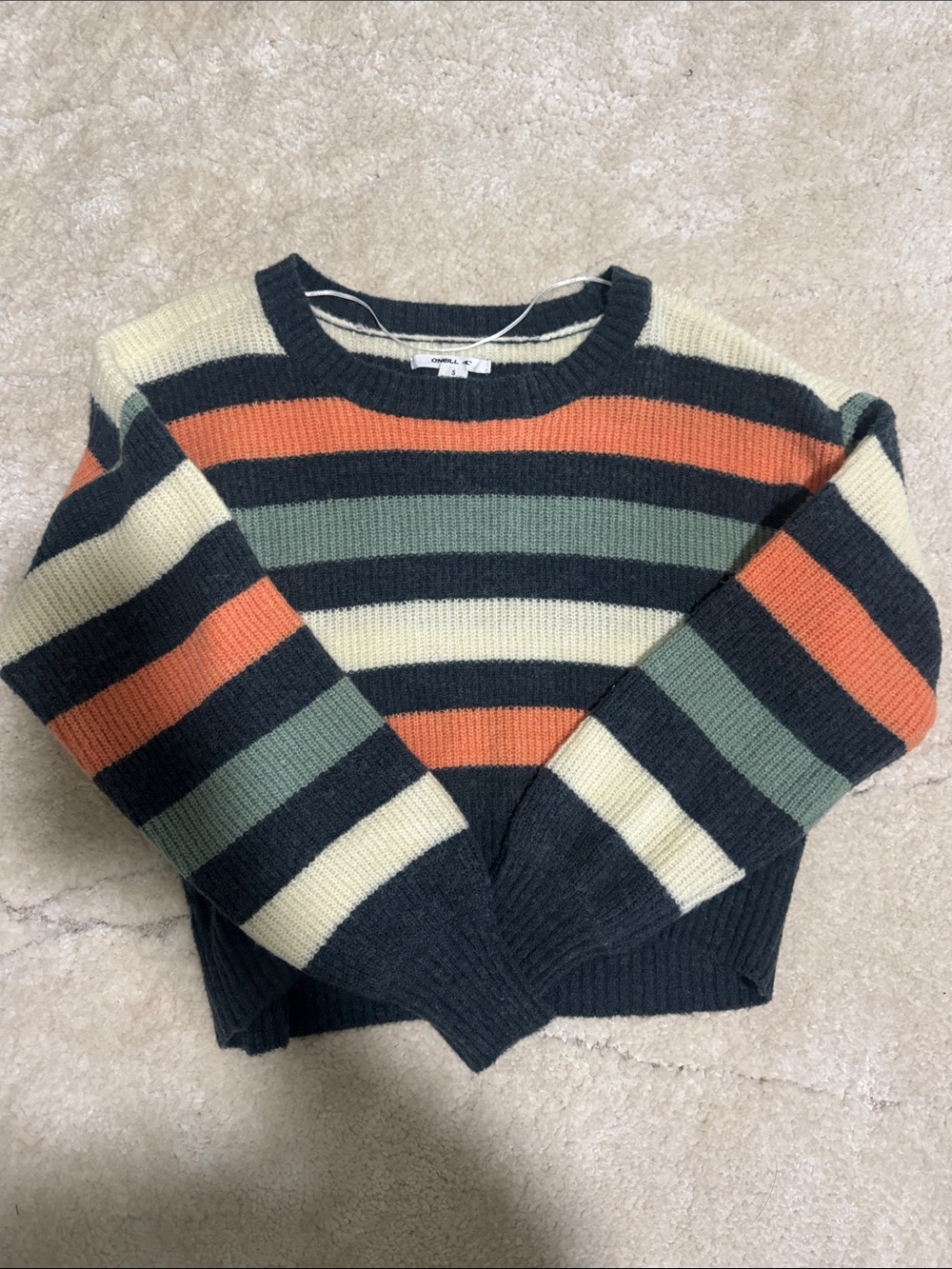 O'Neill Striped Crewneck Sweater in Dark Gray, Cream, Olive & Orange